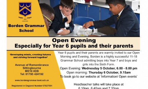 Borden Grammar School Open Evening for Year 6 pupils tonight 6pm